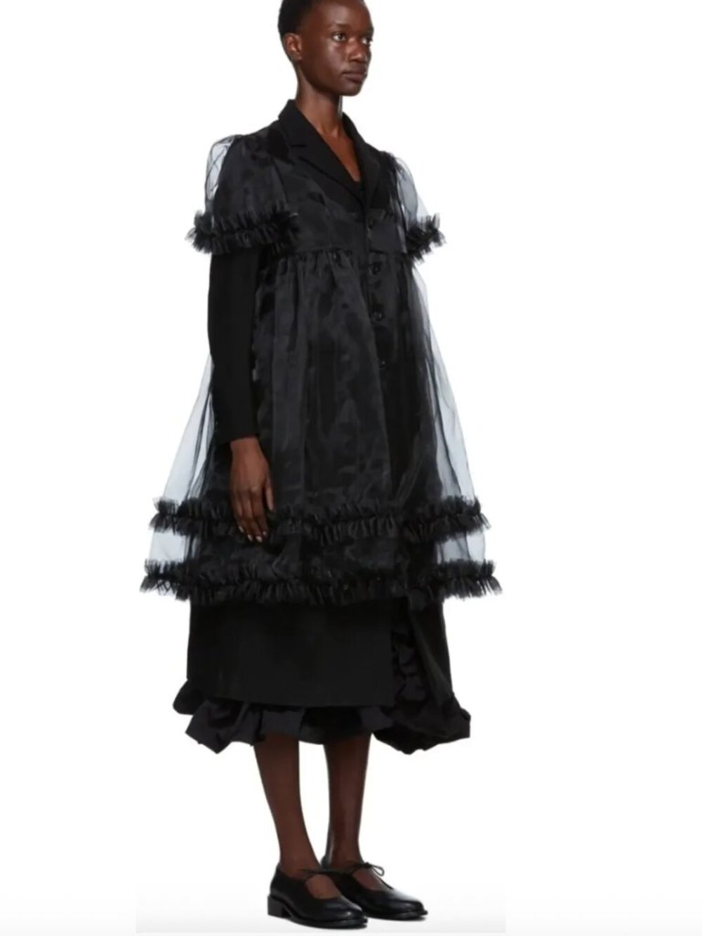NWT CdG Noir Kei Ninomiya Black Tulle Layered Mid Length Blazer Jacket Dress S